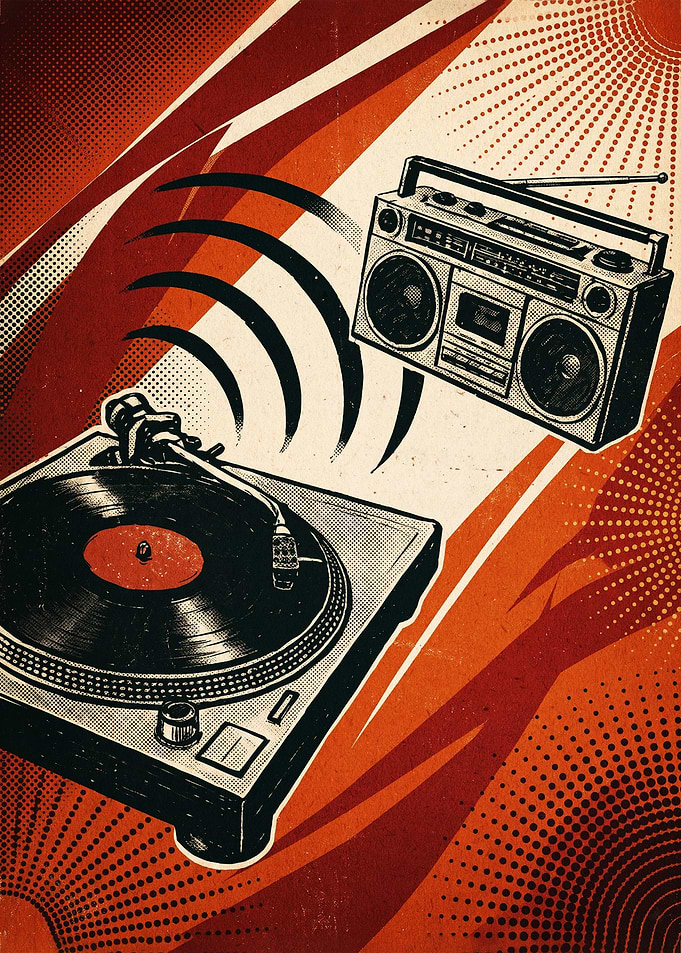 Retro Music Turntable and Boombox Illustration