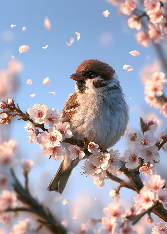 Sparrow Perched on Cherry Blossoms