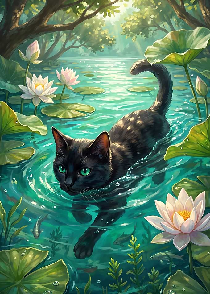 Black Cat Swimming in Lotus Pond