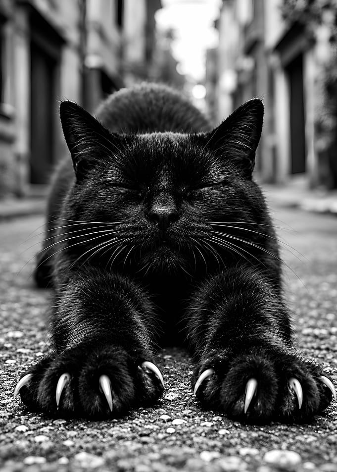 Black Cat Stretching with Claws Out
