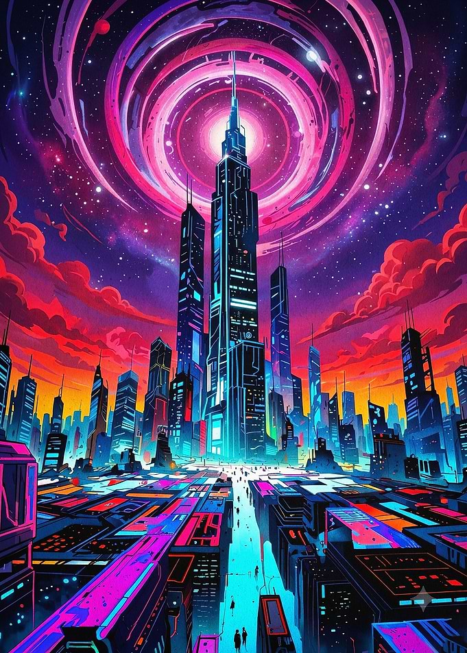 Cyberpunk City Neon Skyline Art