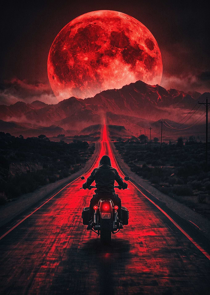 Biker Red Moon Dark Fantasy Art