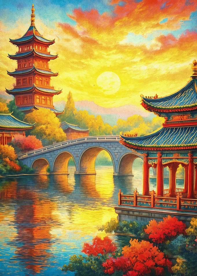 Pagoda Sunset Japanese Art Poster