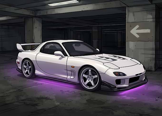 White Mazda RX-7 in Parking Garage