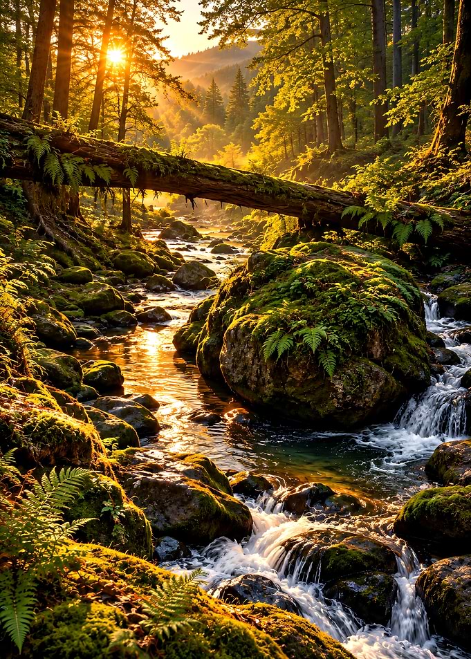 Golden Sunset Over Forest Stream