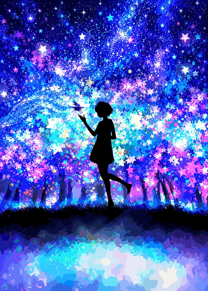 Girl and Bird in Starry Forest