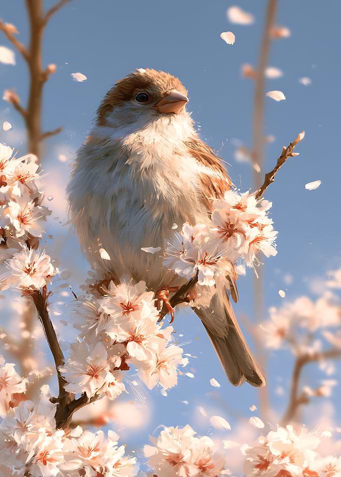 Sparrow Perched on Cherry Blossoms