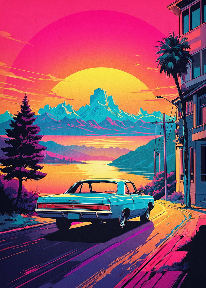 Retro Car Sunset Synthwave Poster