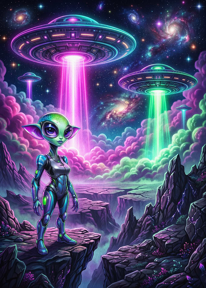 Neon Alien UFO Galaxy Poster Art