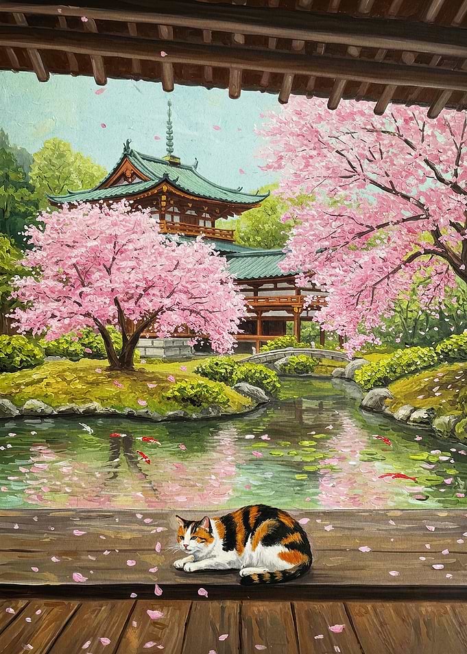 Japanese Cat Temple Cherry Blossom