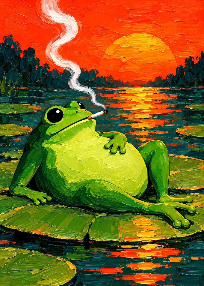 Relaxed Frog Smoking on Lily Pad
