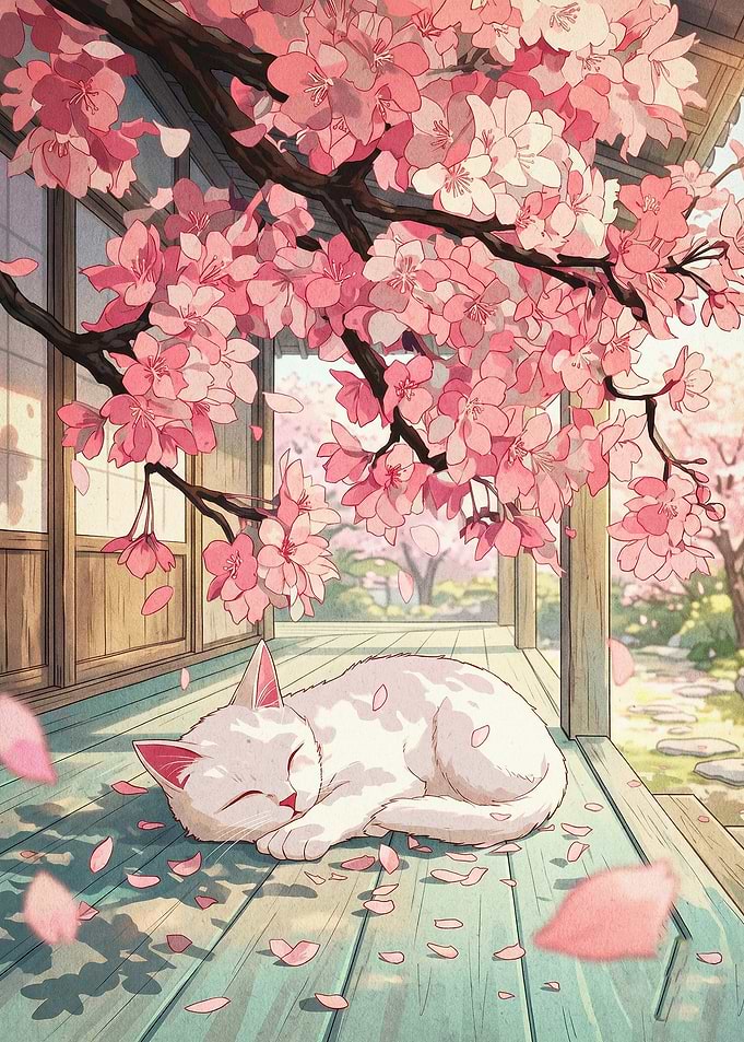 Sleeping Cat Sakura Spring Art