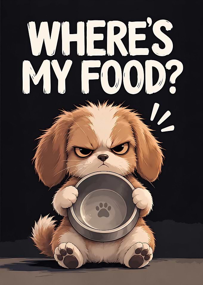 Where's My Food? Cute Grumpy Dog Art