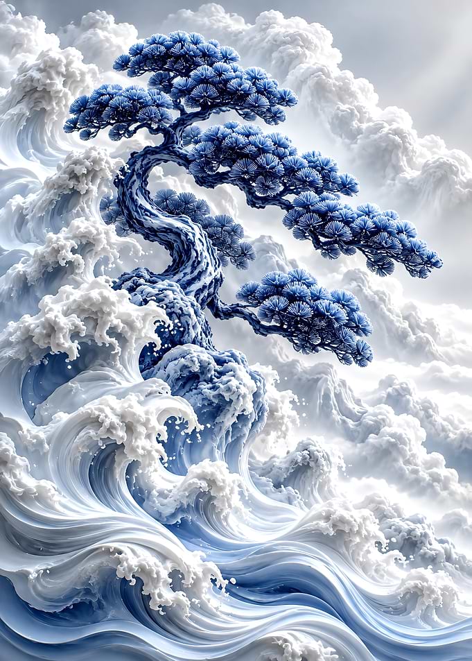 Blue Bonsai Tree Amidst White Waves