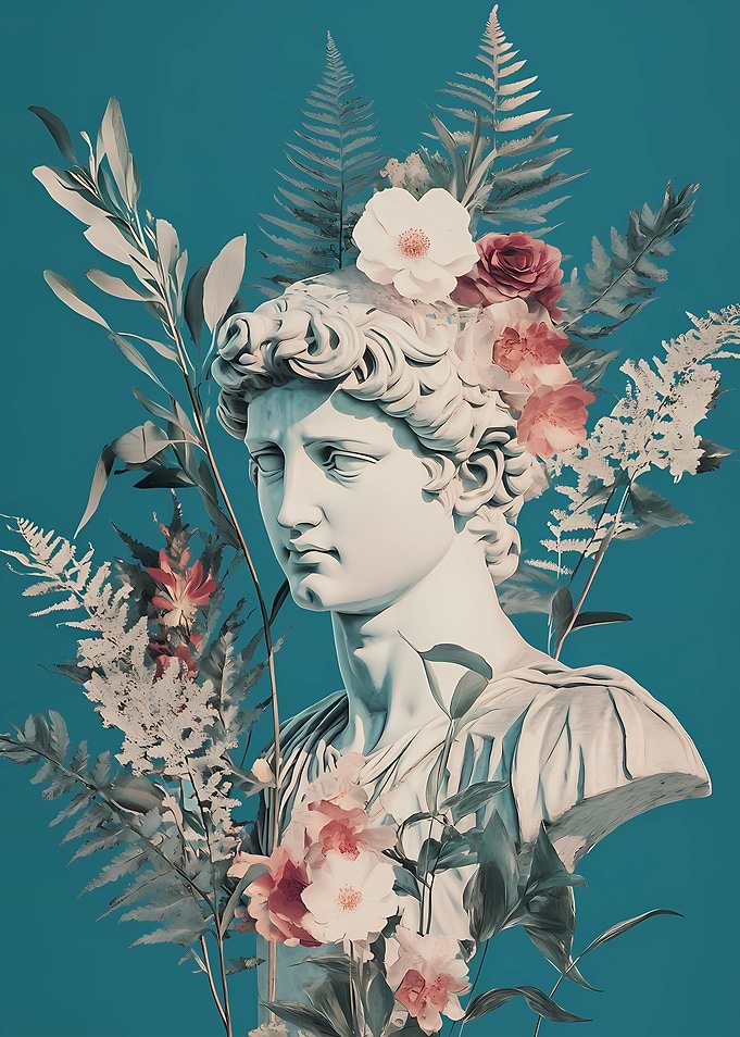 Greek Classical Statue with Floral Accents