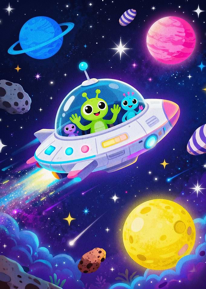 Cute Alien UFO Kids Space Poster