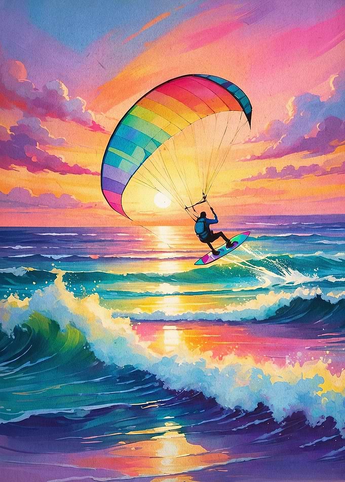 Kitesurf Ocean Sunset Retro Art