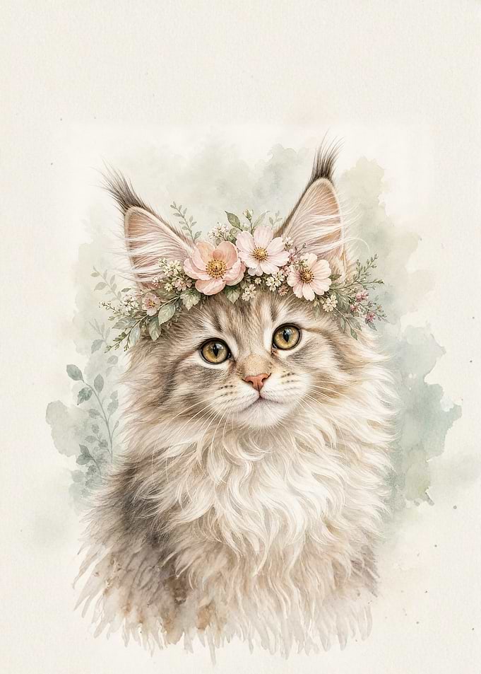 Watercolor Maine Coon Kitten with Flowers