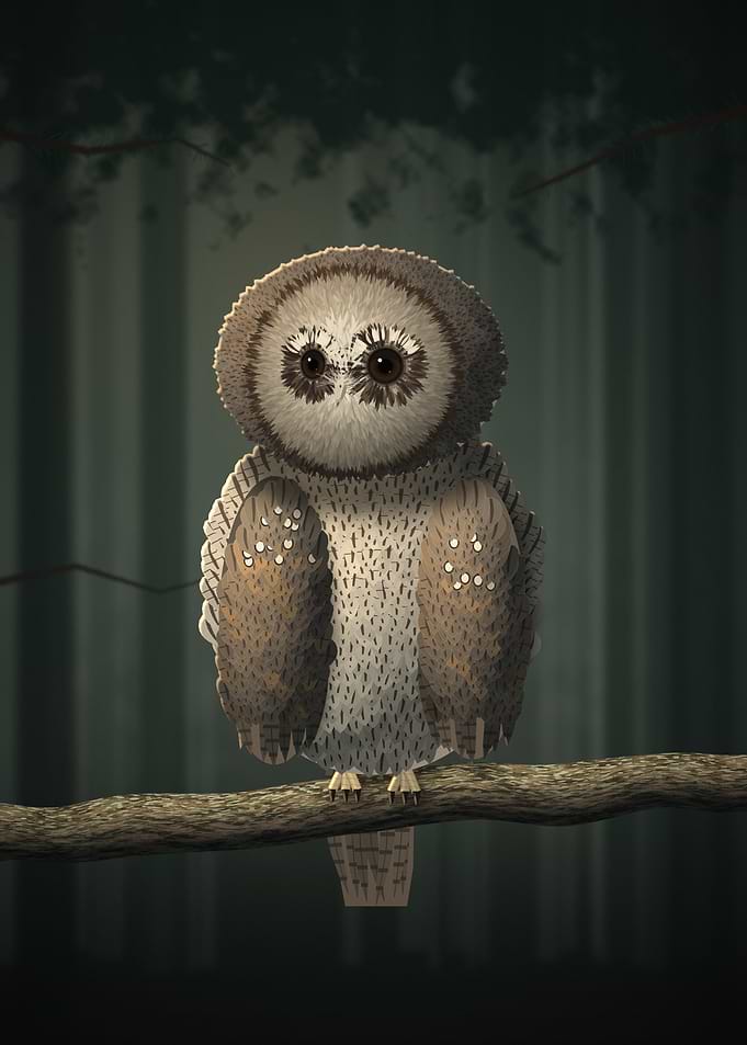 Cute Fluffy Owl on Branch