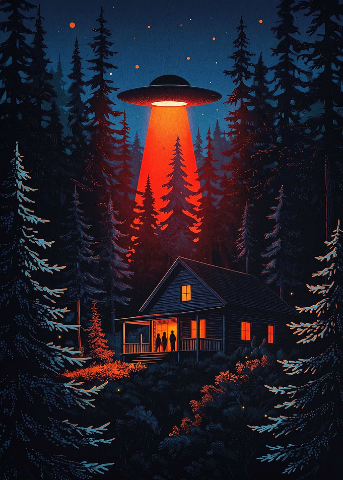 UFO Forest Cabin Retro Sci-Fi Art