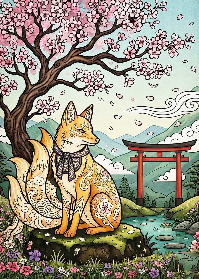 Kitsune Fox Sakura Japanese Art