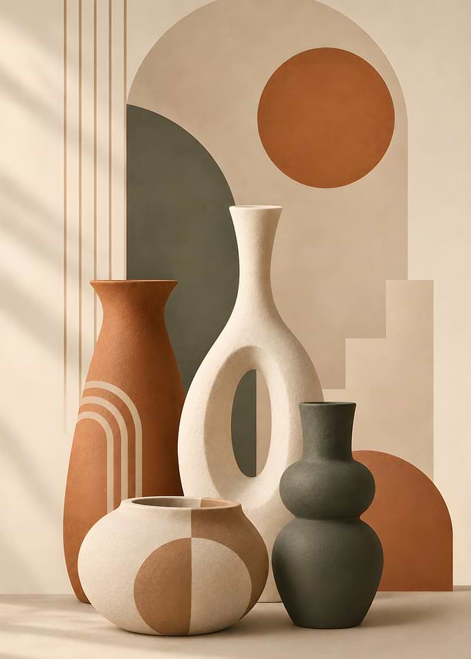 Bohemian Ceramic Vases – Terracotta and Geometric Still Life