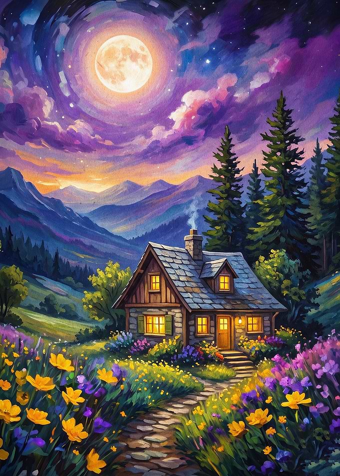 Cozy Cabin Full Moon Fantasy Art