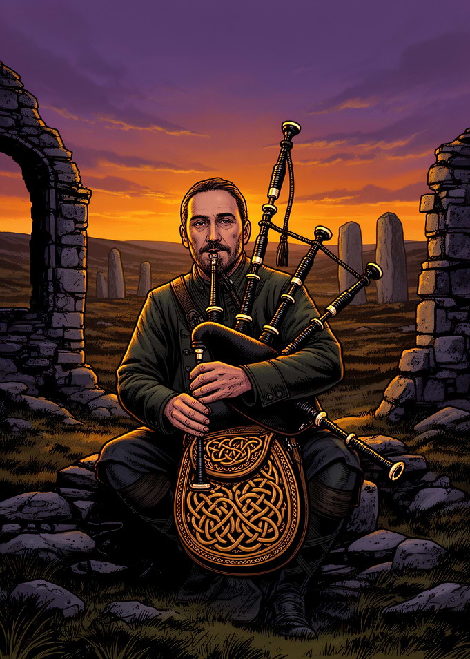 Scottish Bagpiper at Ancient Ruins