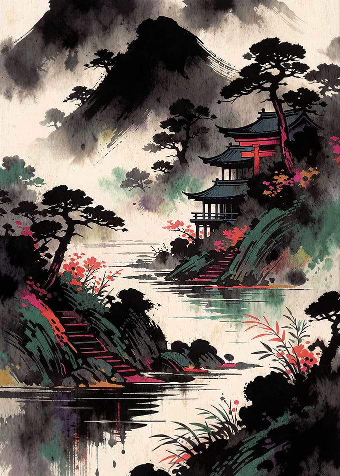 Traditional Japanese Ink Wash Landscape