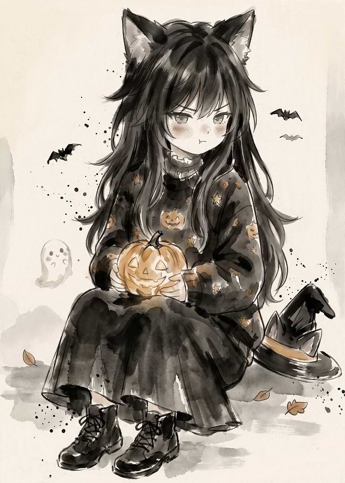 Anime Cat Girl Halloween Illustration
