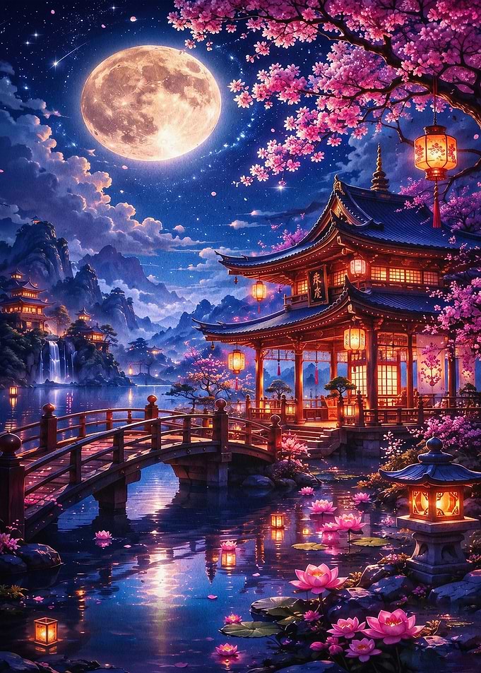 Cherry Blossom Night Temple Art