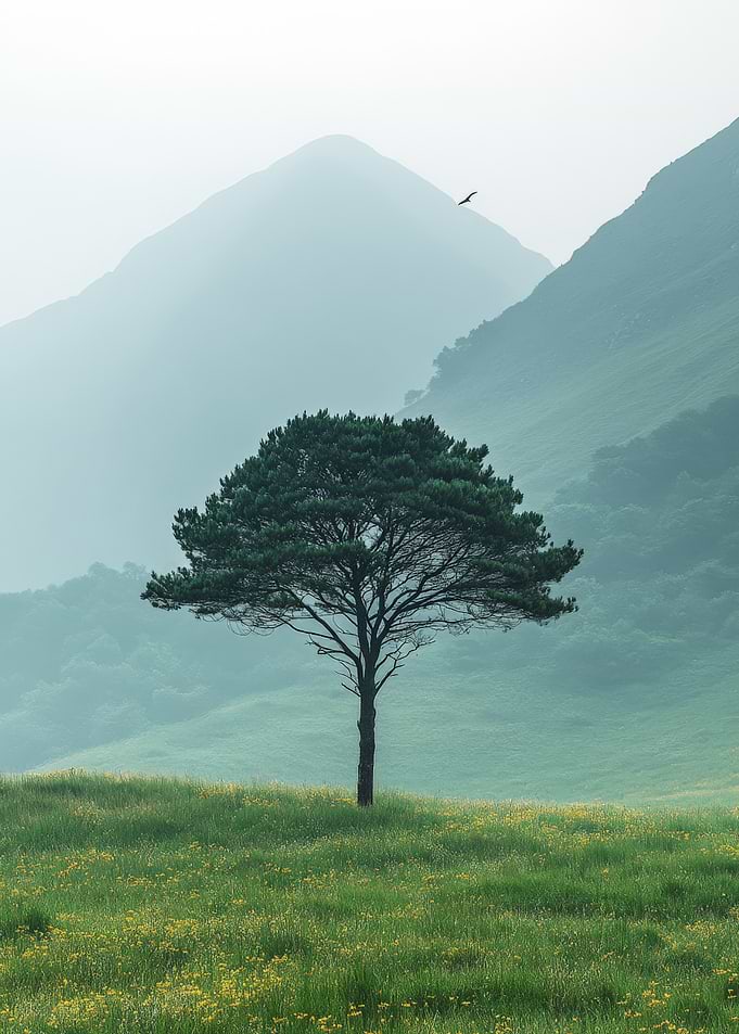 Solitary Tree in Misty Mountains