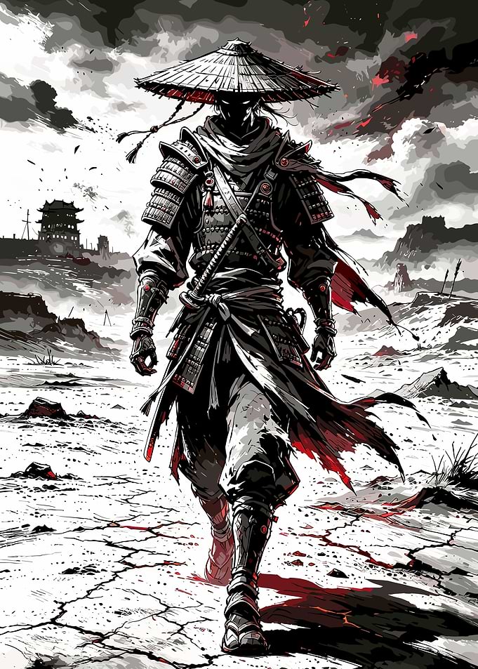 Lone Samurai Walking Through Battlefield