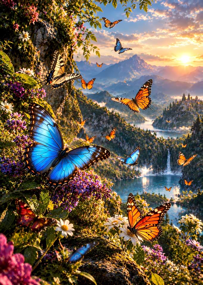 Vibrant Butterflies in Mountain Landscape