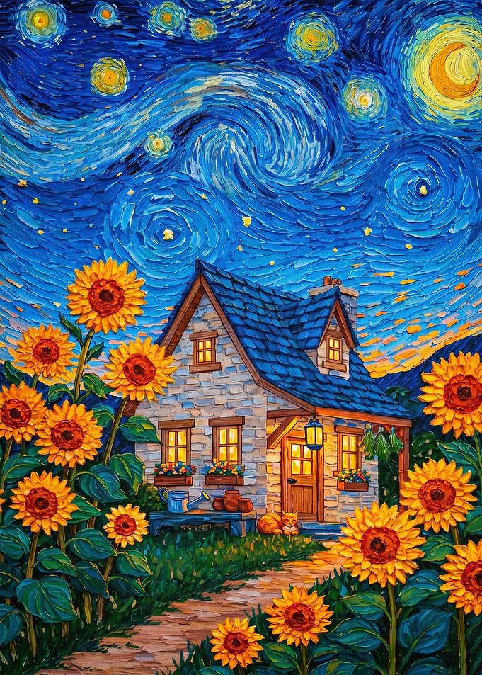 Starry Night Sunflower Cottage Art