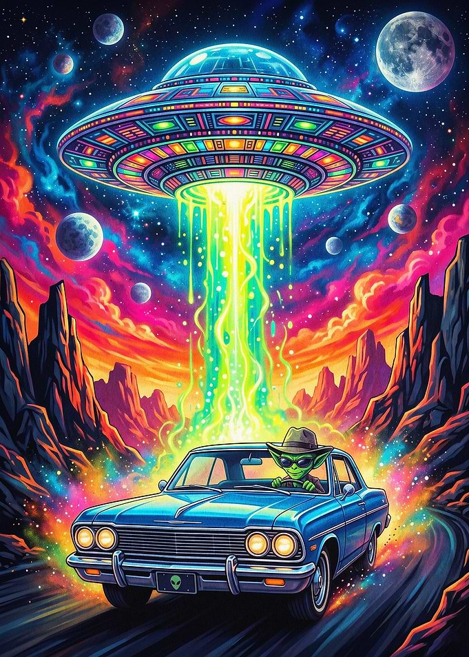 Trippy Alien UFO Cosmic Retro Art