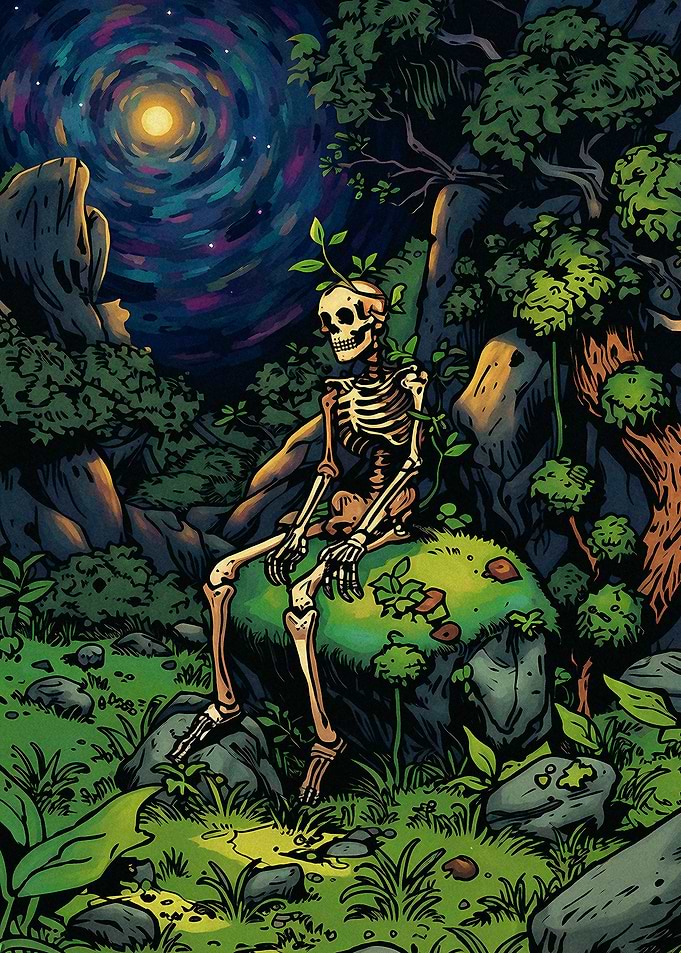 Skeleton Sitting in Enchanted Forest