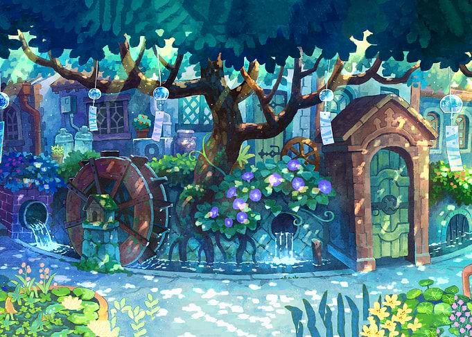 Whimsical Garden with Water Wheel