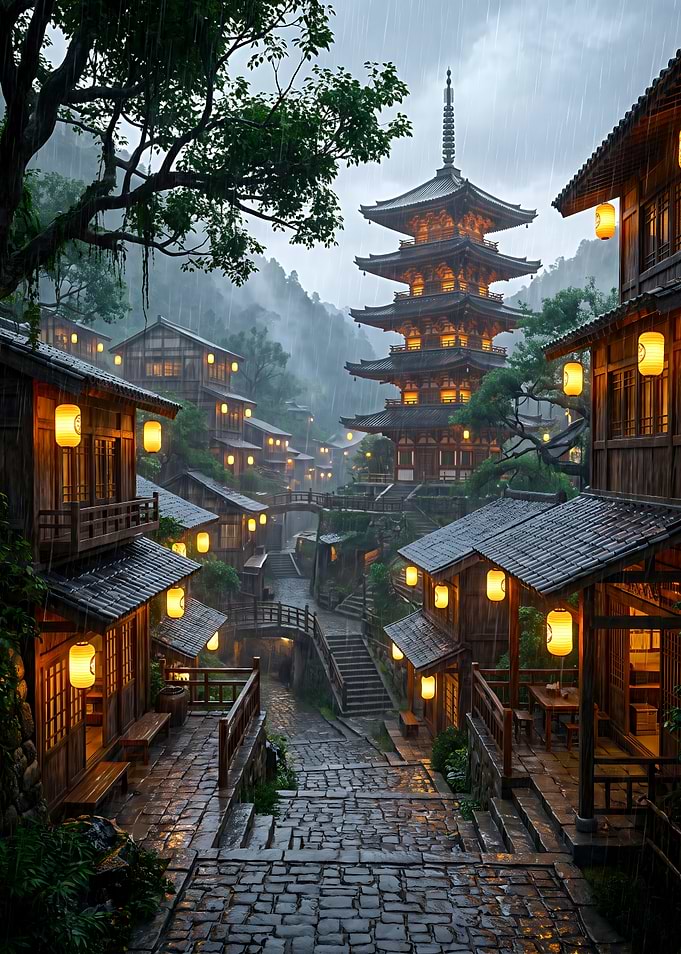 Rainy Traditional Japanese Village Scene