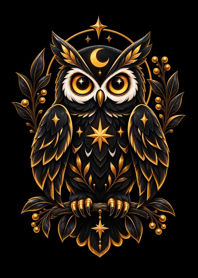 Celestial Gold and Black Owl Illustration