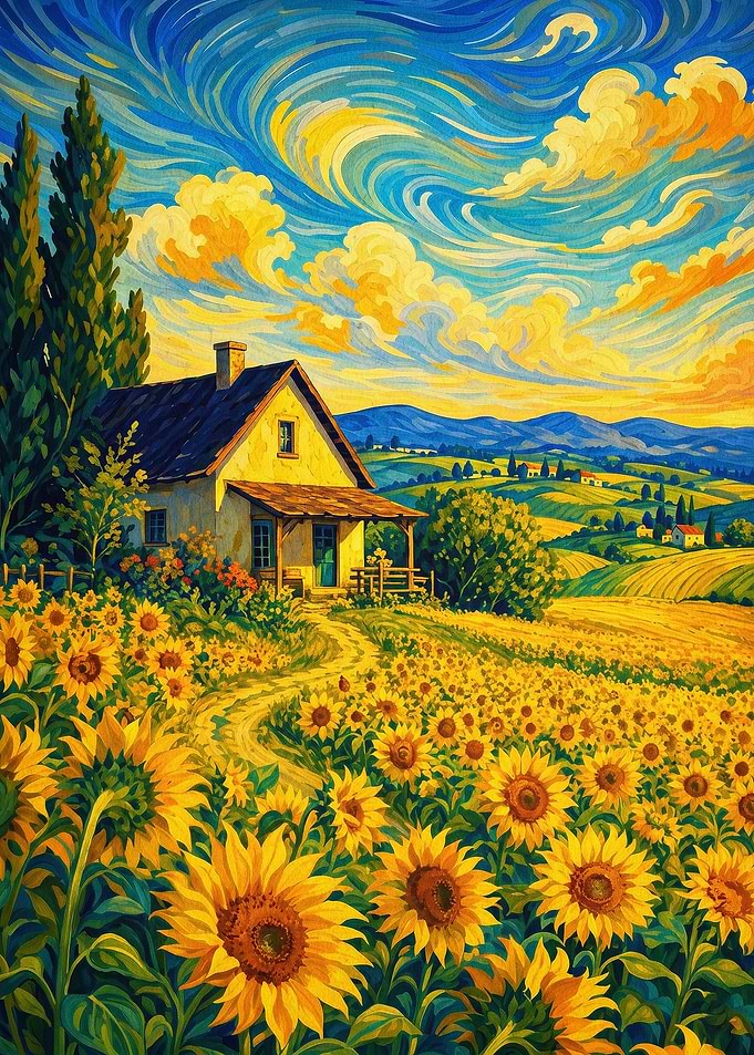 Sunflower Field Cottage Painted Art