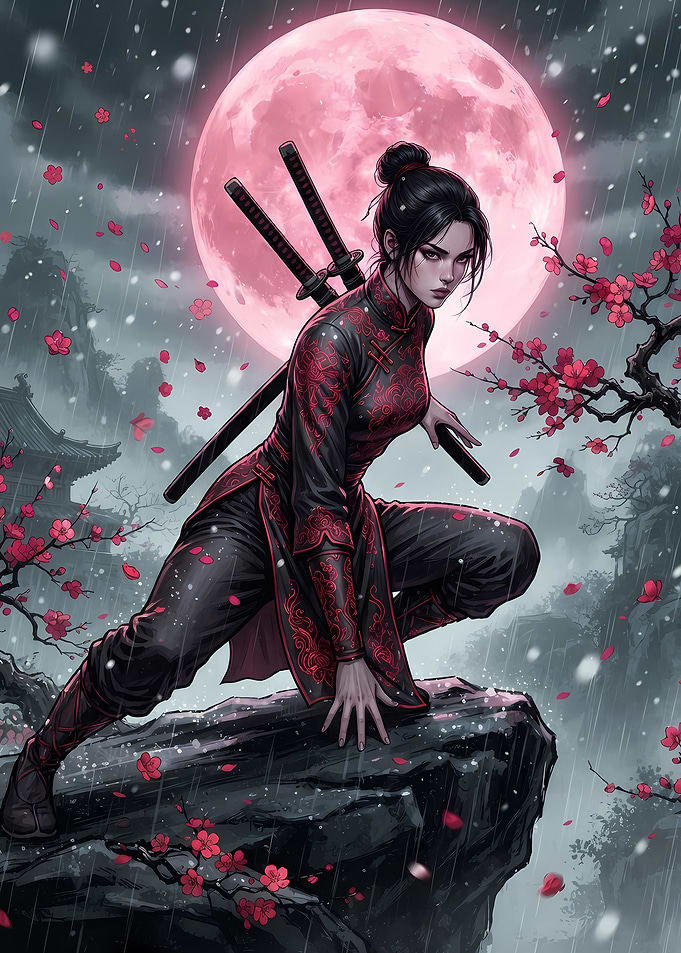 Female Ninja Under Pink Moon