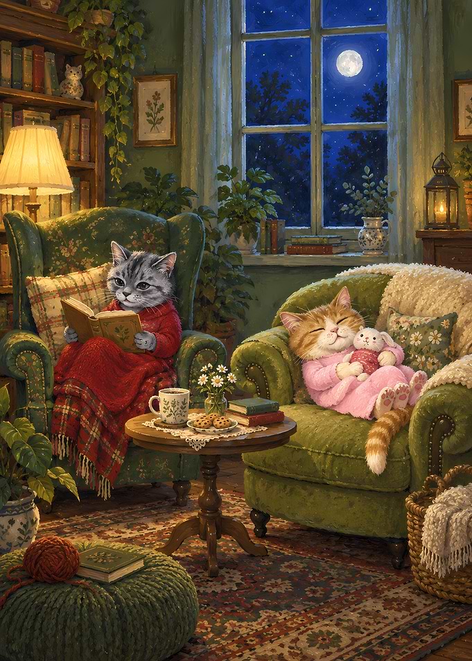 Cozy Cats Reading and Sleeping