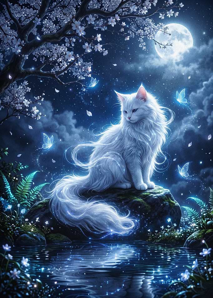 White Cat Moonlit Night Fantasy Art