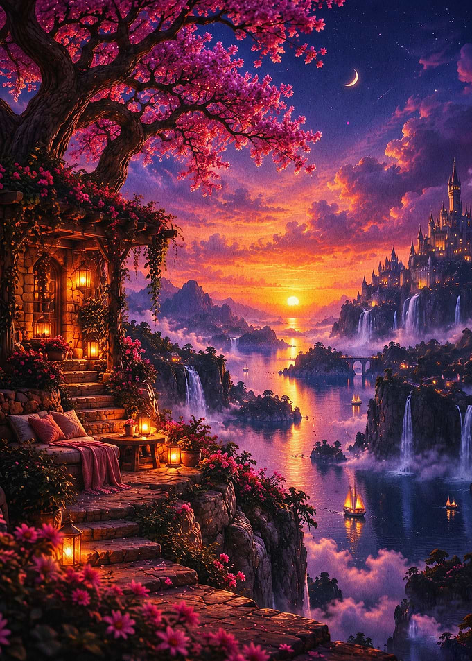 Fantasy Castle Sunset Magical Art