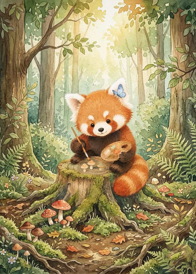 Red Panda Painting Forest Watercolo