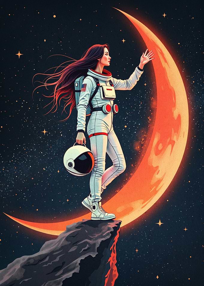 Female Astronaut Moon Space Art
