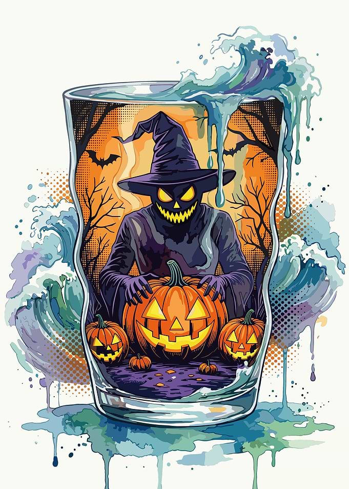 Halloween Witch and Pumpkins Glass Art