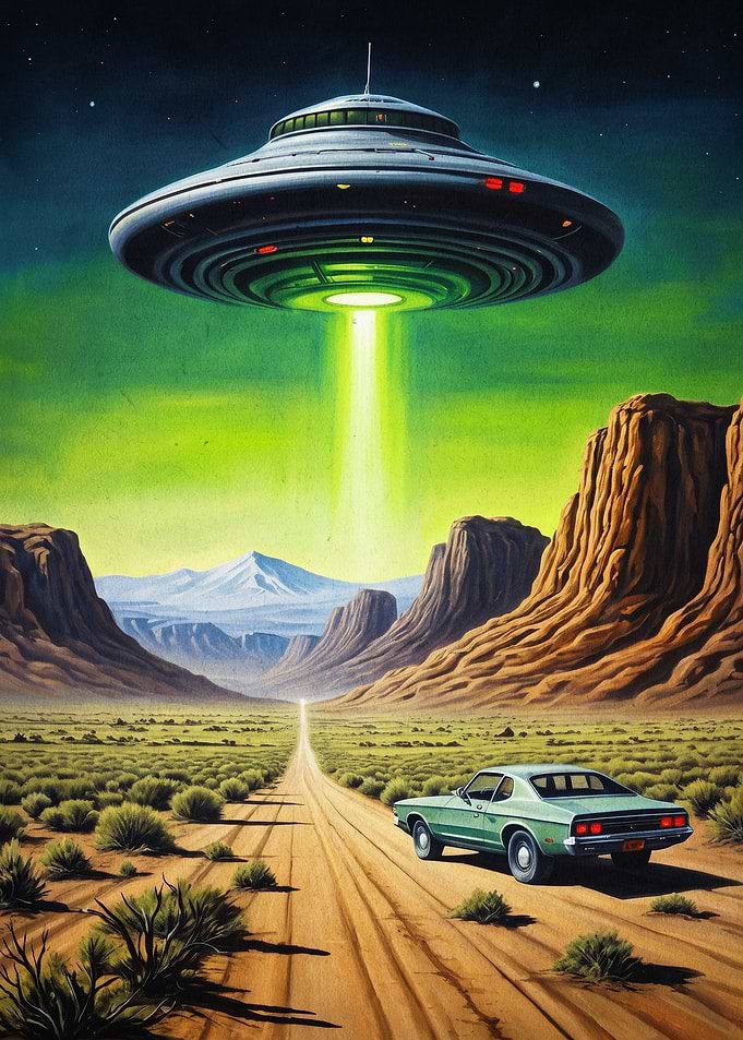 UFO Desert Abduction Retro Art