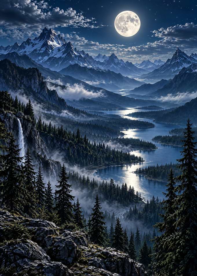 Moonlit Mountain Valley Landscape